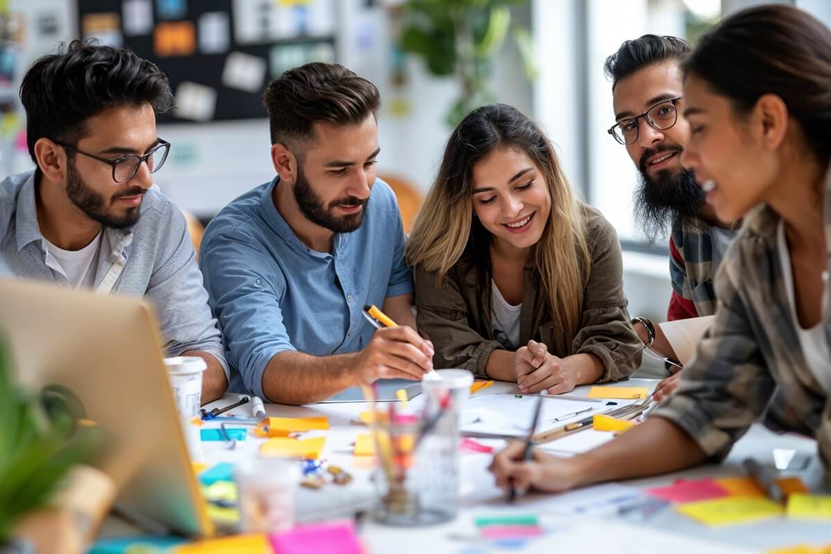Creative team working in a digital marketing workspace