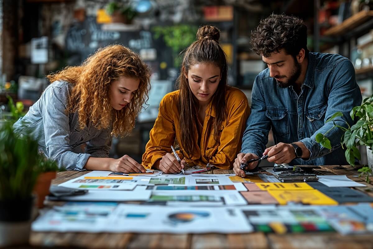 Creative team working in a digital marketing workspace