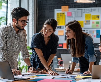 Creative team working in a digital marketing workspace